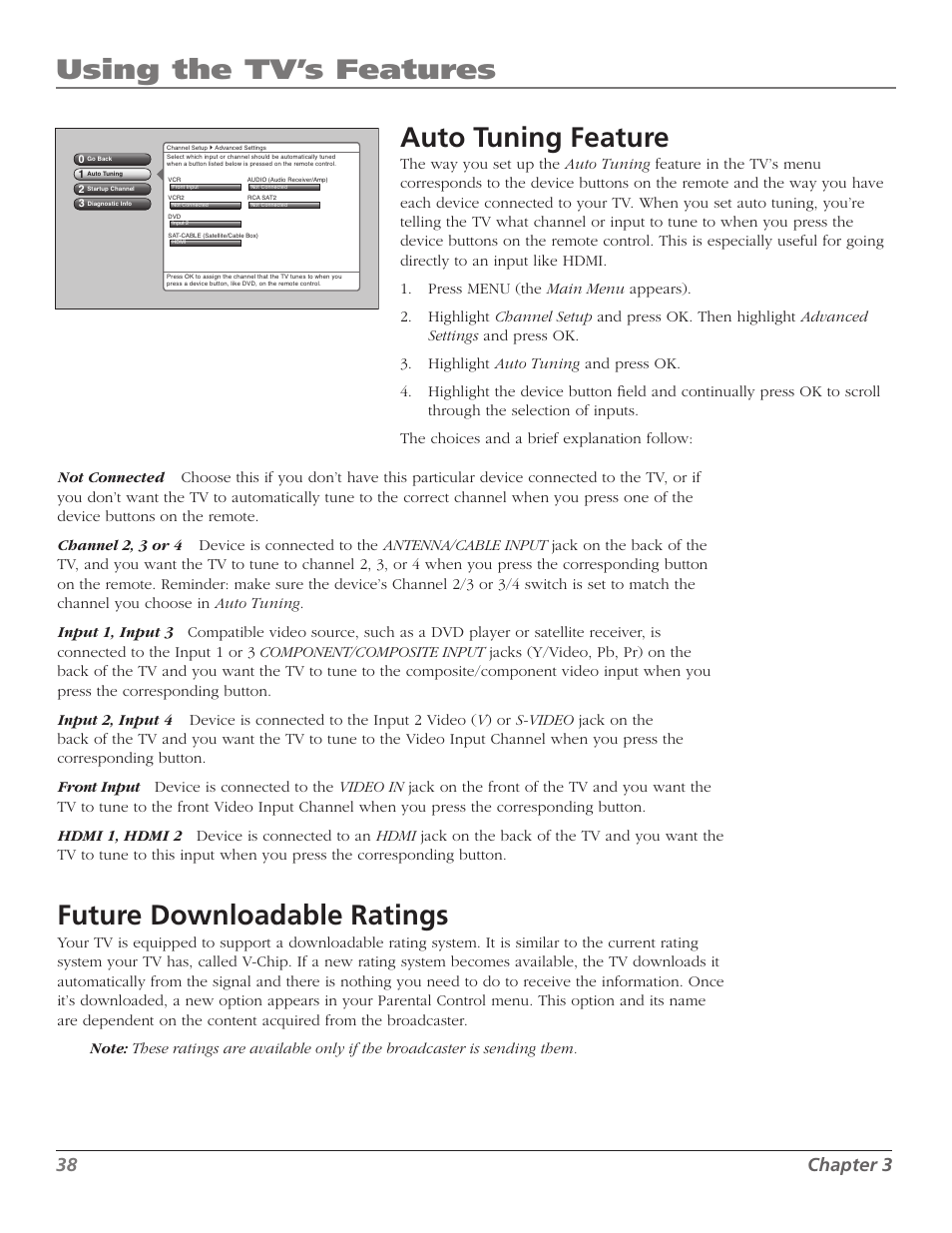 Using the tv’s features, Auto tuning feature, Future downloadable ratings | Chapter | RCA M50WH92S User Manual | Page 38 / 64