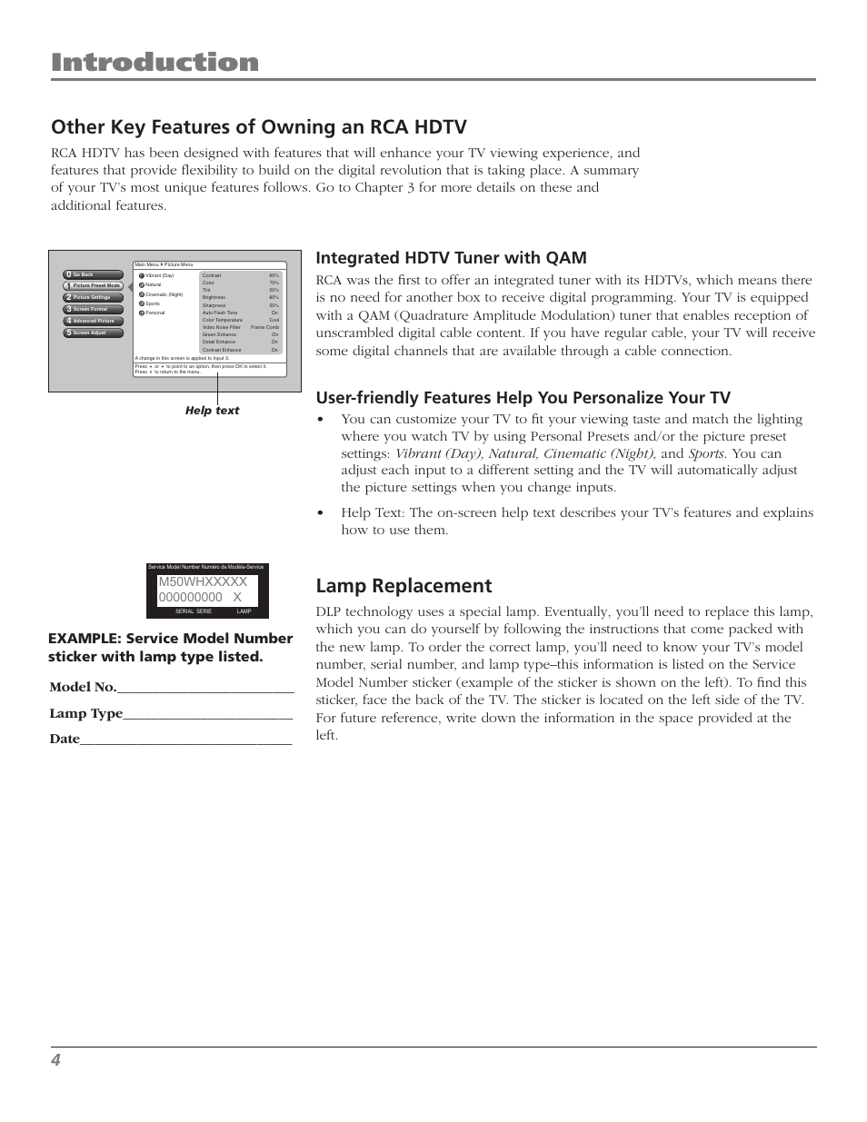 Introduction, Other key features of owning an rca hdtv, Lamp replacement | Integrated hdtv tuner with qam, Help text | RCA M50WH92S User Manual | Page 4 / 64