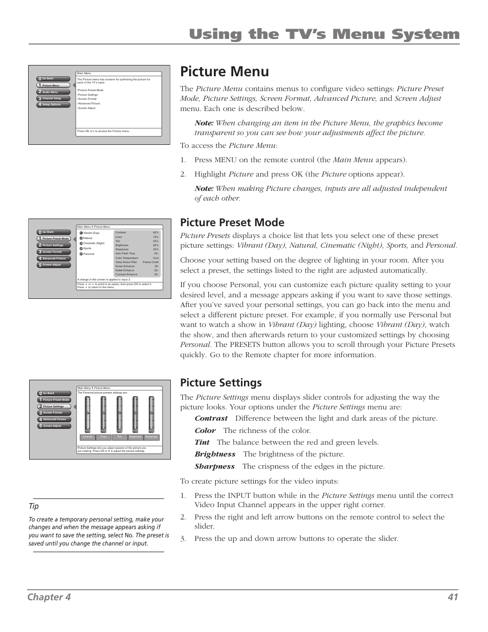 Using the tv’s menu system picture menu, Picture preset mode, Picture settings | Chapter 4 41 | RCA M50WH92S User Manual | Page 41 / 64