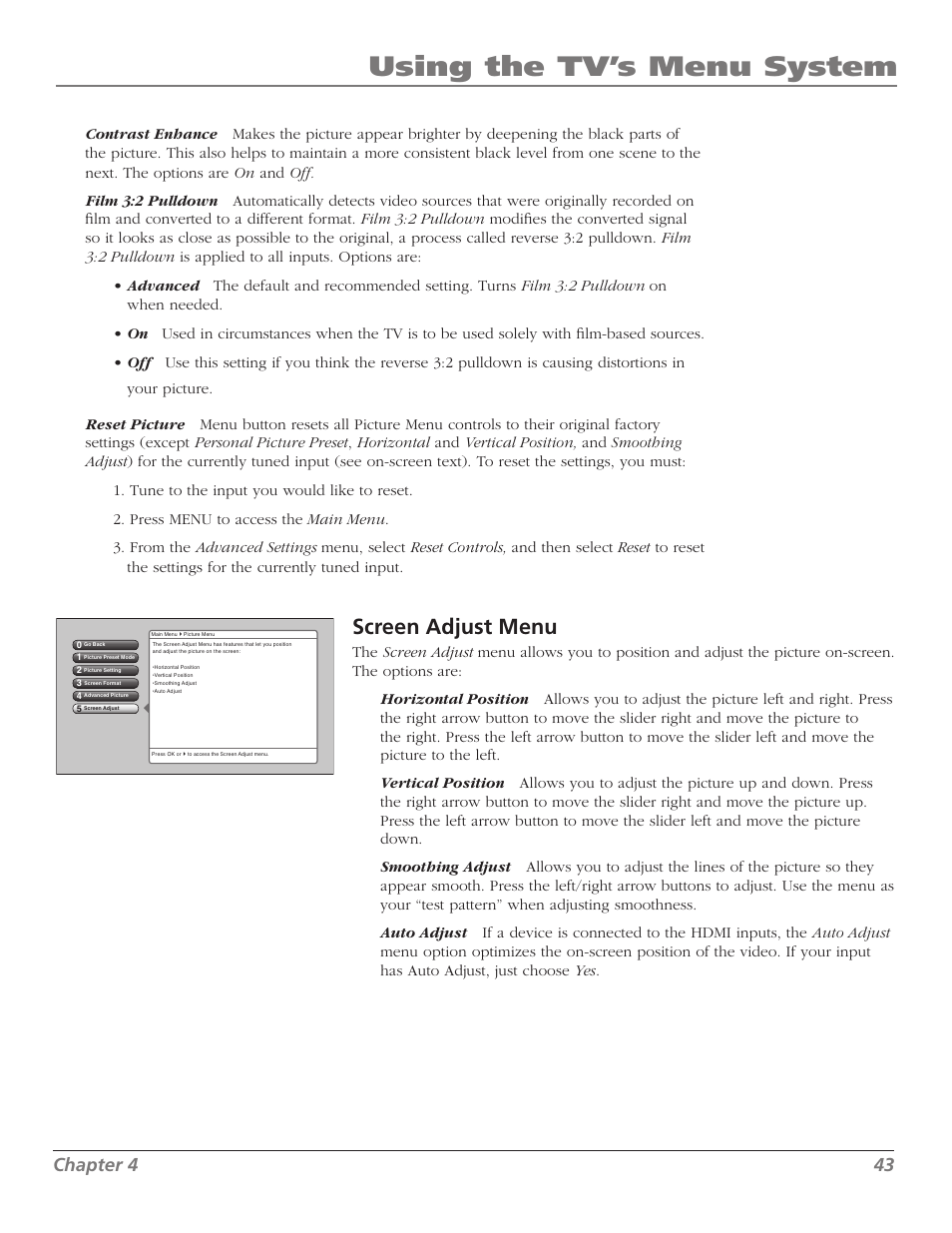 Using the tv’s menu system, Screen adjust menu, Chapter 4 43 | RCA M50WH92S User Manual | Page 43 / 64