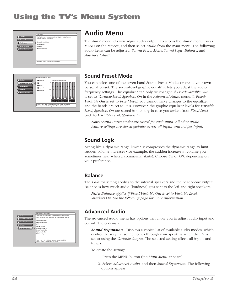 Using the tv’s menu system audio menu, Sound preset mode, Sound logic | Balance, Advanced audio, 44 chapter 4 | RCA M50WH92S User Manual | Page 44 / 64