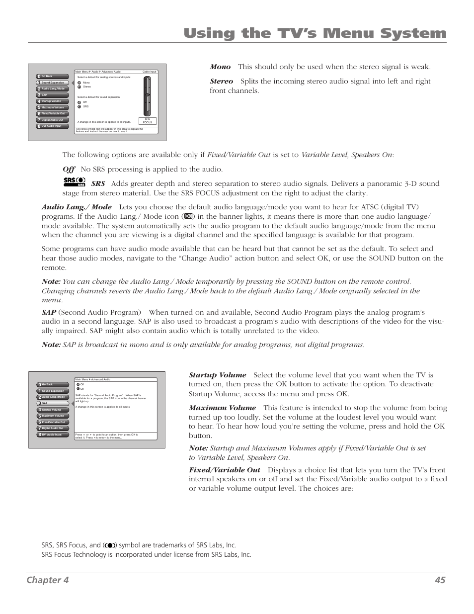 Using the tv’s menu system, Chapter 4 45 | RCA M50WH92S User Manual | Page 45 / 64