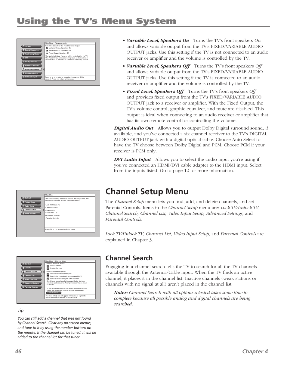 Using the tv’s menu system, Channel setup menu, Channel search | 46 chapter 4 | RCA M50WH92S User Manual | Page 46 / 64