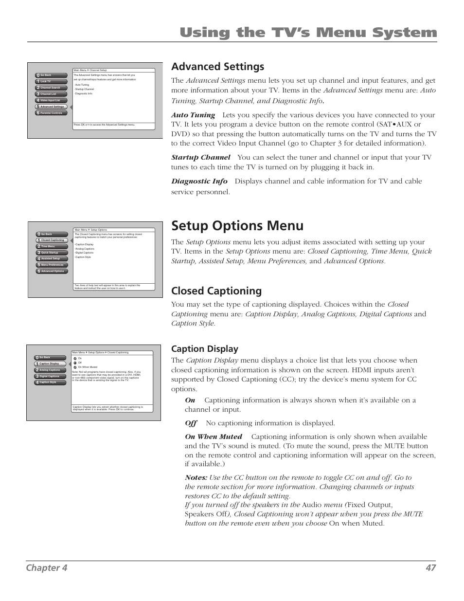 Using the tv’s menu system, Setup options menu, Advanced settings | Closed captioning, Chapter 4 47, Caption display | RCA M50WH92S User Manual | Page 47 / 64