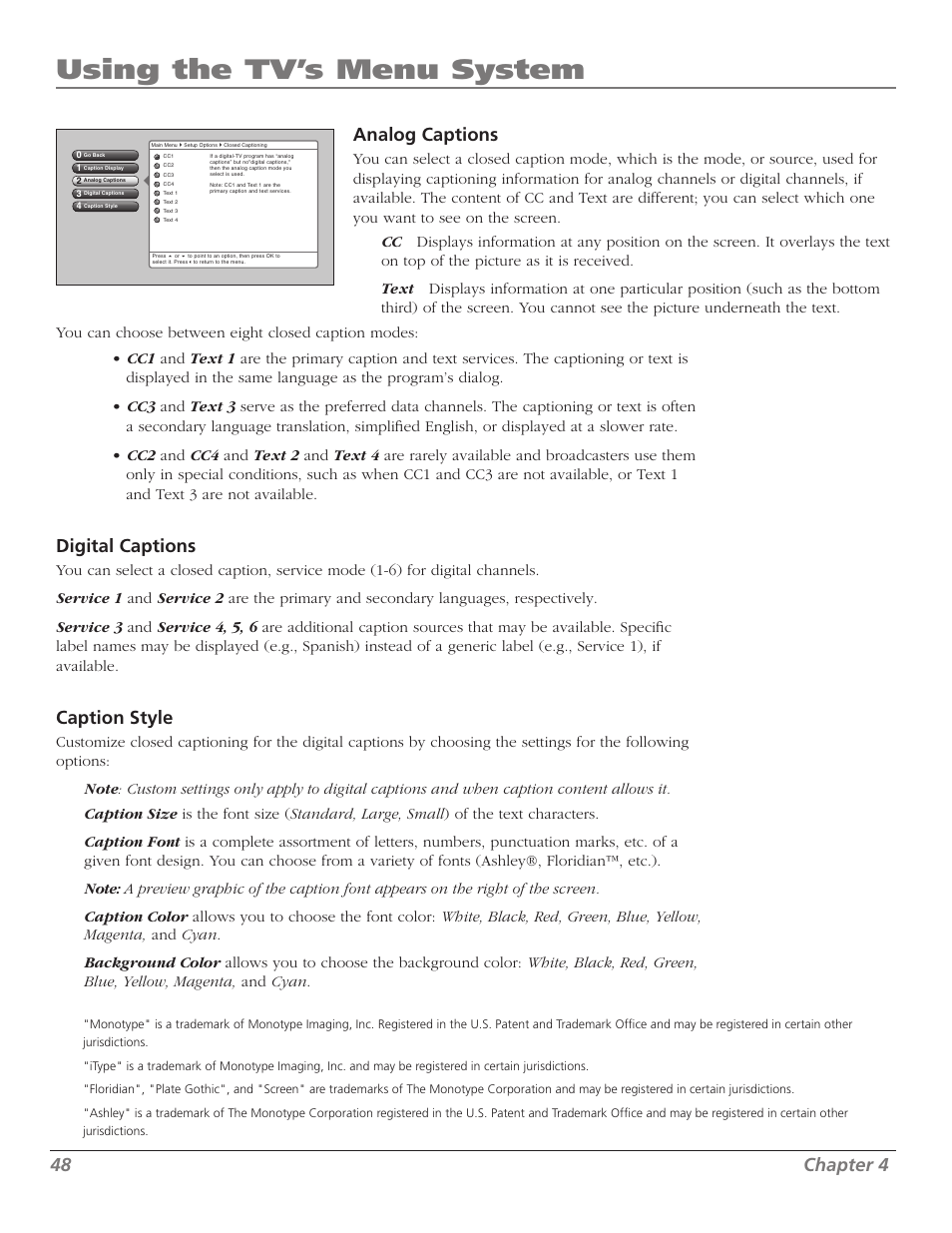 Using the tv’s menu system, 48 chapter 4, Analog captions | Digital captions, Caption style | RCA M50WH92S User Manual | Page 48 / 64