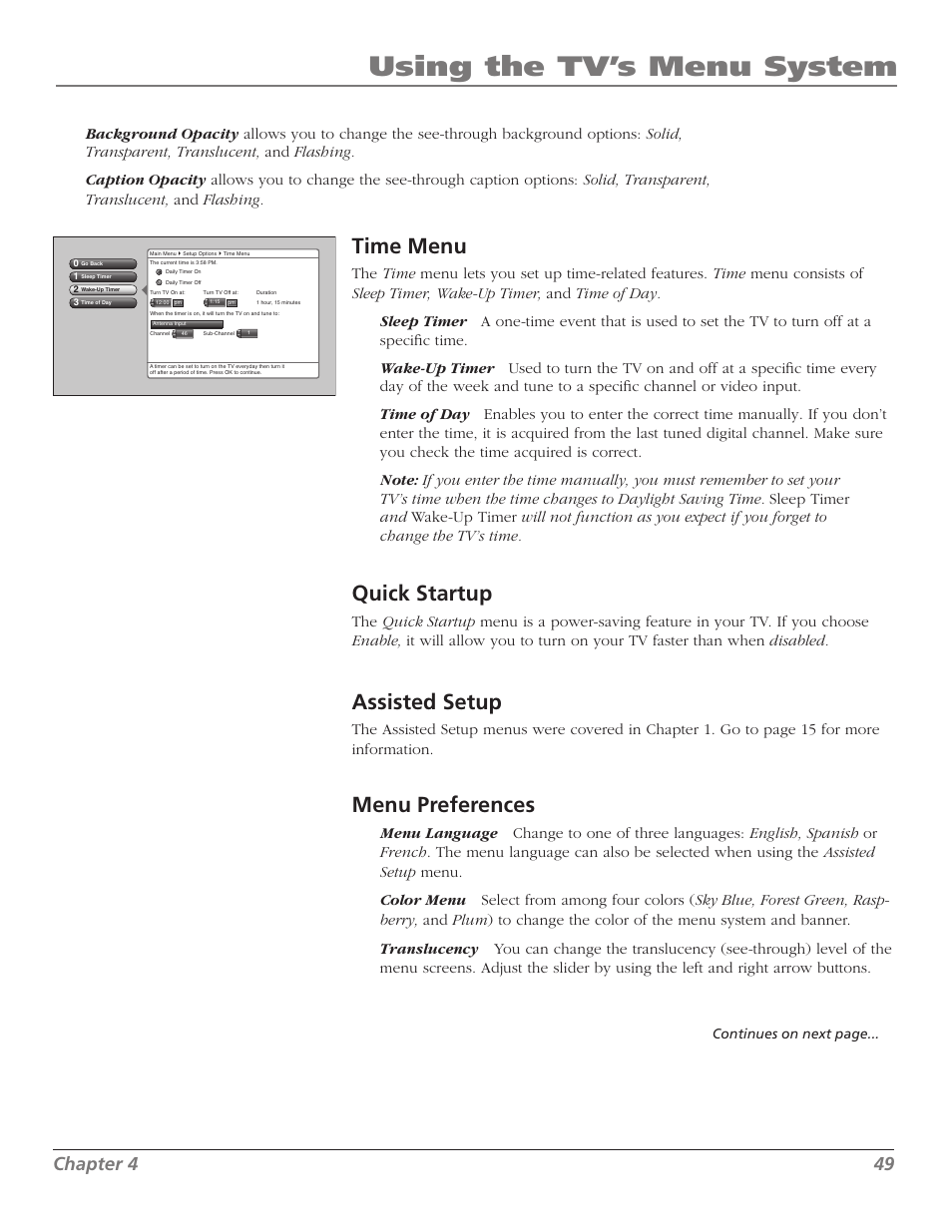 Using the tv’s menu system, Time menu, Quick startup | Assisted setup, Menu preferences, Chapter 4 49, Continues on next page | RCA M50WH92S User Manual | Page 49 / 64