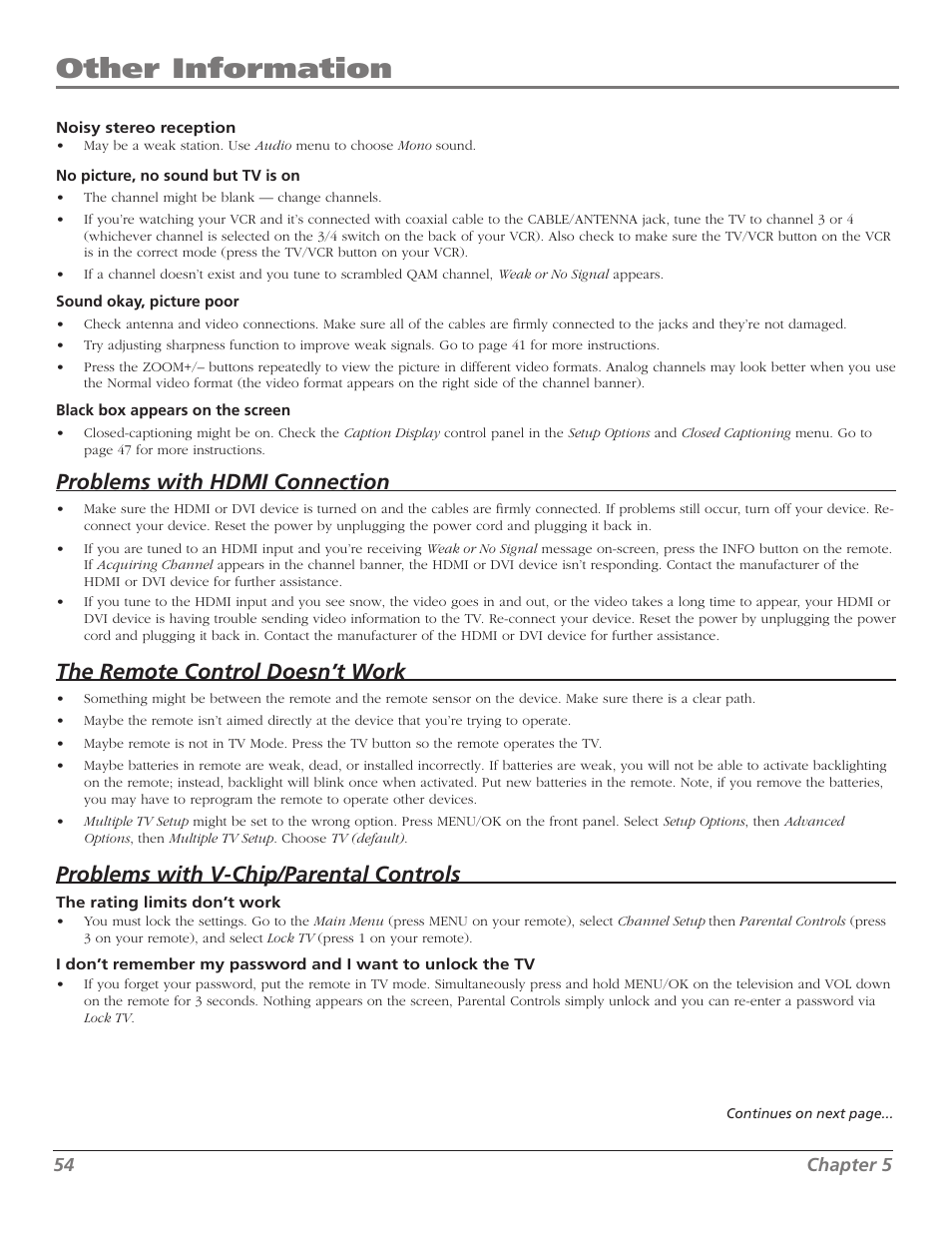 Other information, Problems with hdmi connection, The remote control doesn’t work | Problems with v-chip/parental controls | RCA M50WH92S User Manual | Page 54 / 64