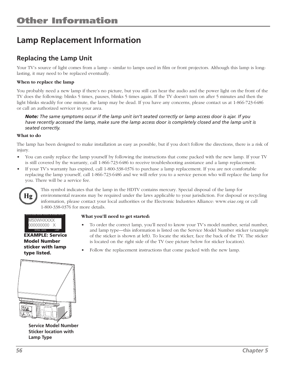 Other information, Lamp replacement information, Replacing the lamp unit | RCA M50WH92S User Manual | Page 56 / 64