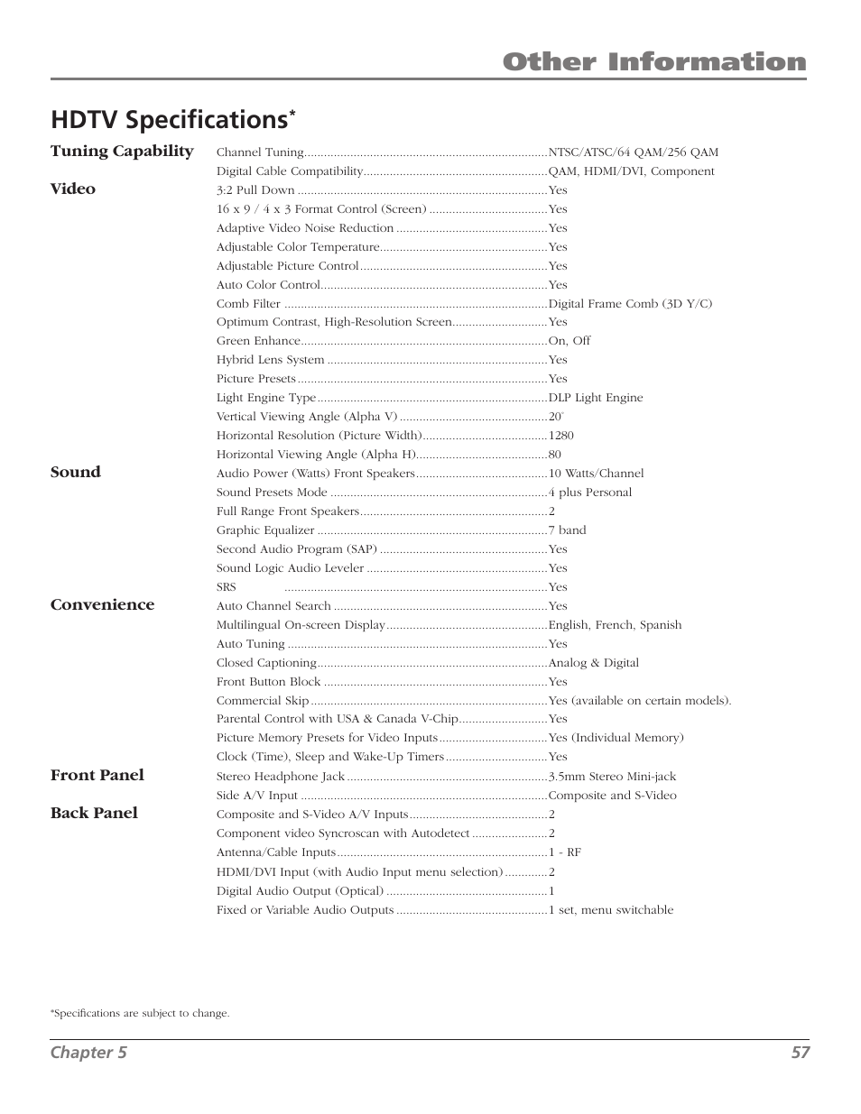 Other information, Hdtv specifications | RCA M50WH92S User Manual | Page 57 / 64