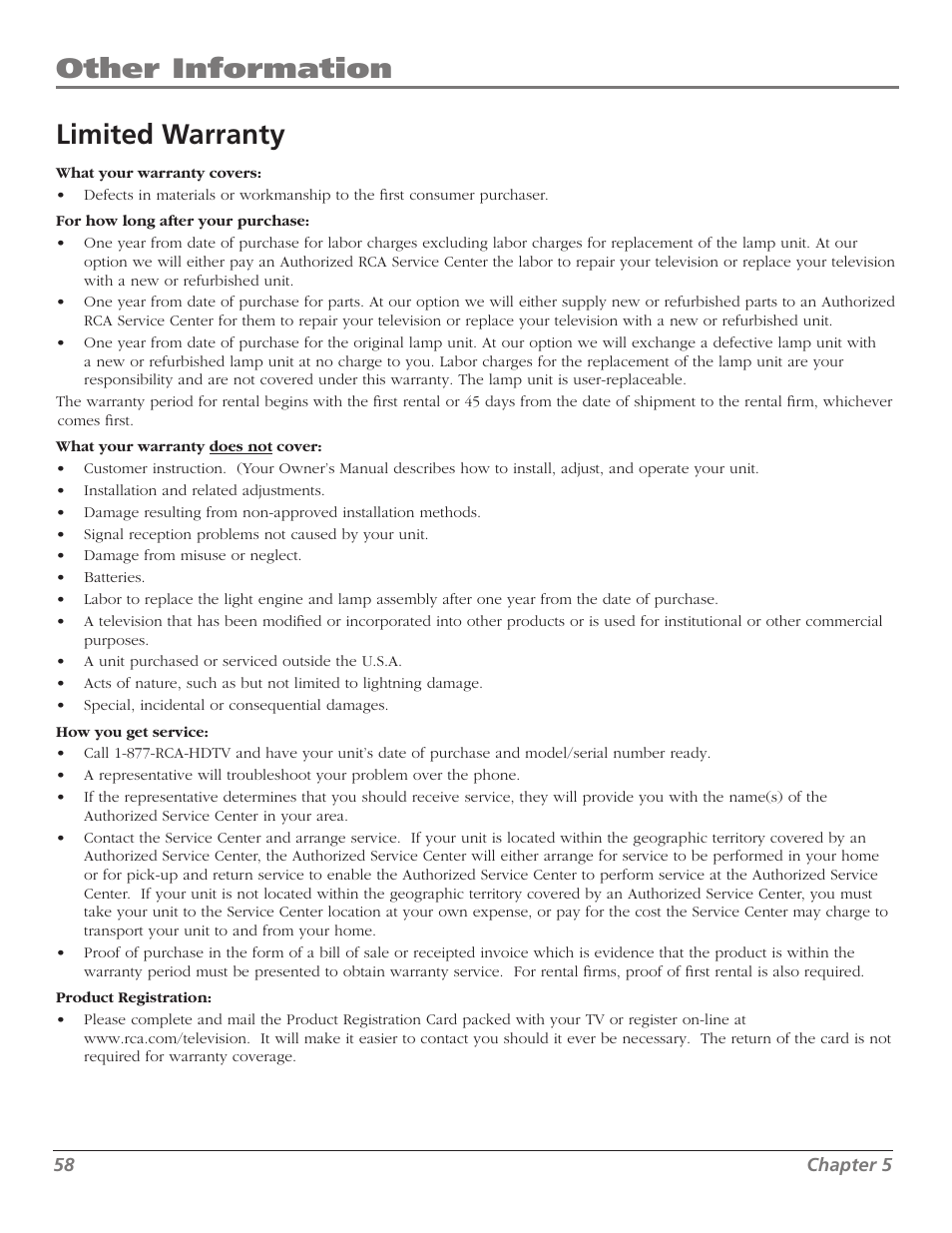 Other information, Limited warranty | RCA M50WH92S User Manual | Page 58 / 64