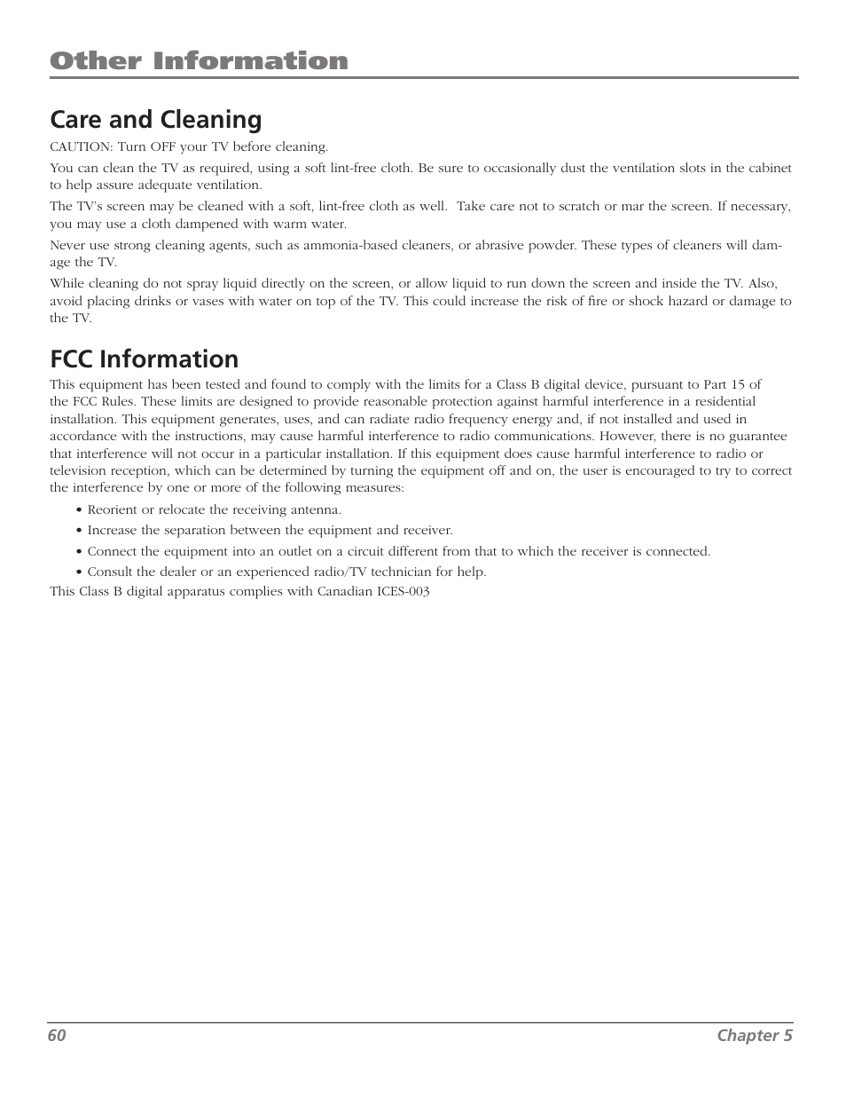 Other information, Care and cleaning, Fcc information | RCA M50WH92S User Manual | Page 60 / 64