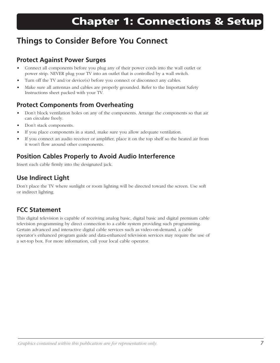 Chapter 1: connections & setup, Things to consider before you connect | RCA M50WH92S User Manual | Page 7 / 64