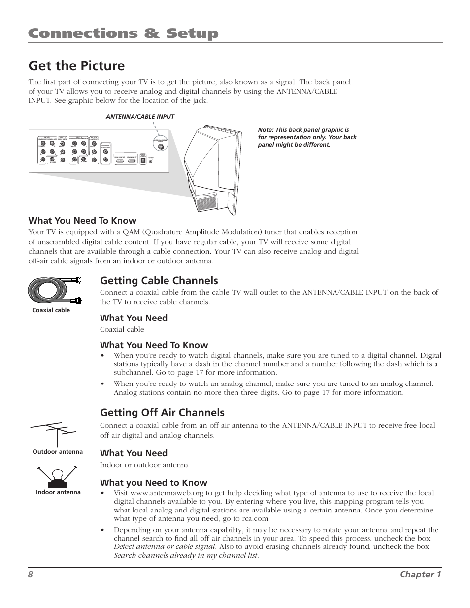 Connections & setup, Get the picture, Getting cable channels | Getting off air channels, Chapter 1, What you need to know, What you need, Coaxial cable, Indoor or outdoor antenna | RCA M50WH92S User Manual | Page 8 / 64