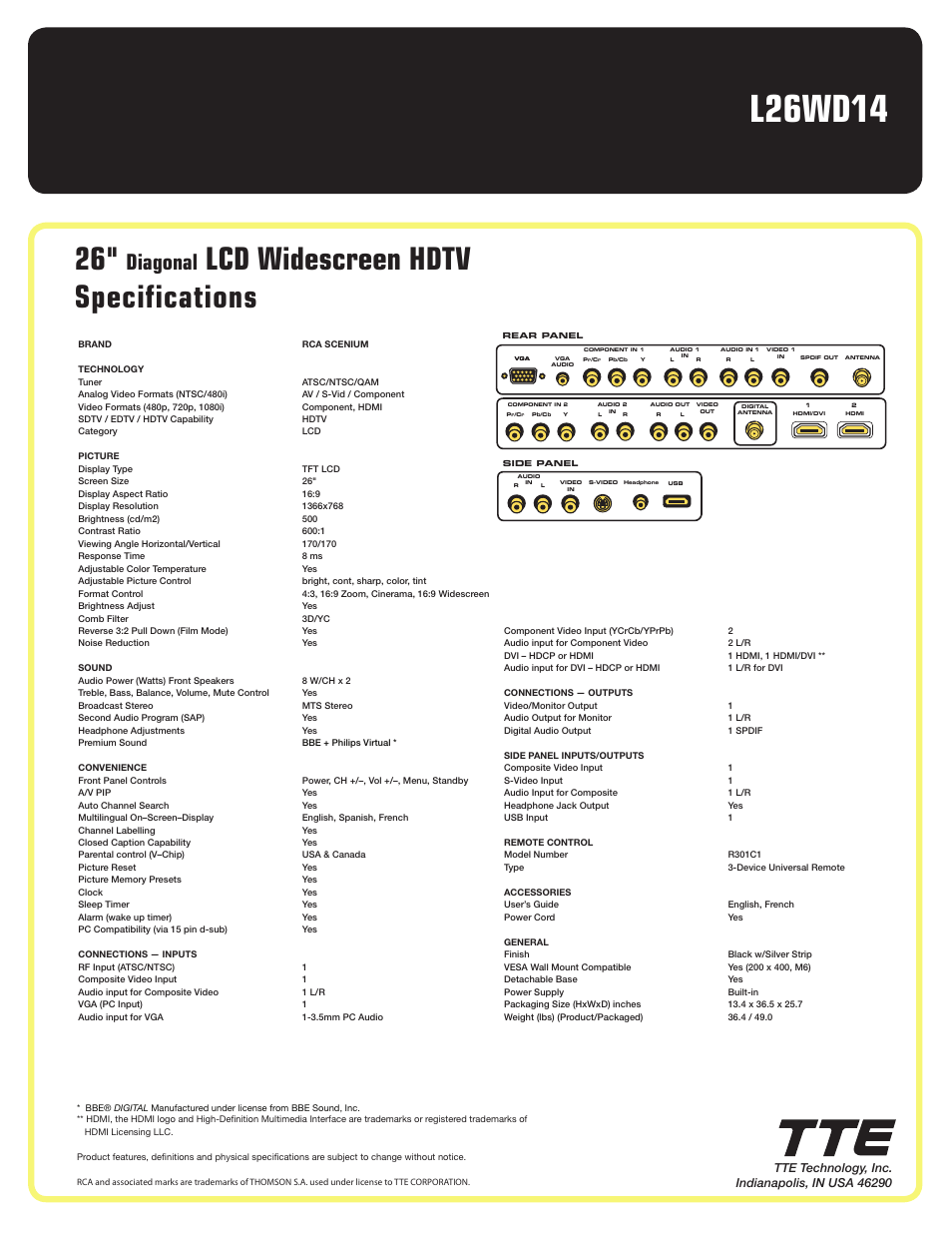 L26wd14, Lcd widescreen hdtv specifications, Diagonal | RCA SCENIUM L26WD14 User Manual | Page 2 / 2