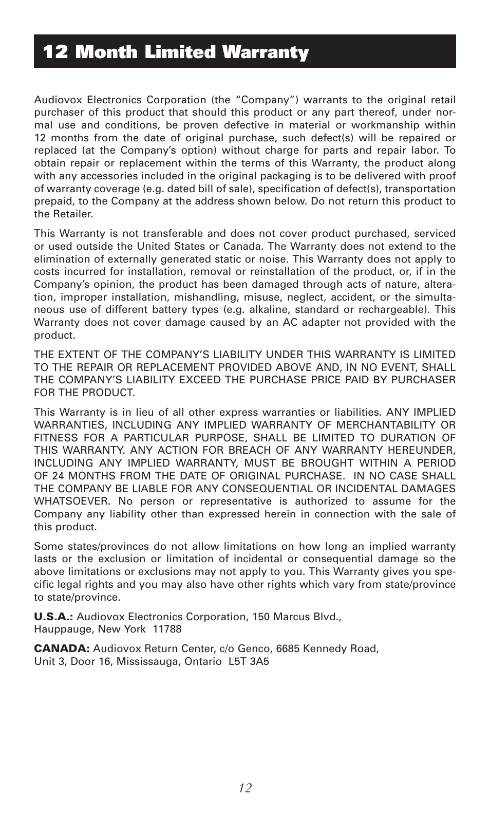 12 month limited warranty | RCA RC940 User Manual | Page 12 / 24