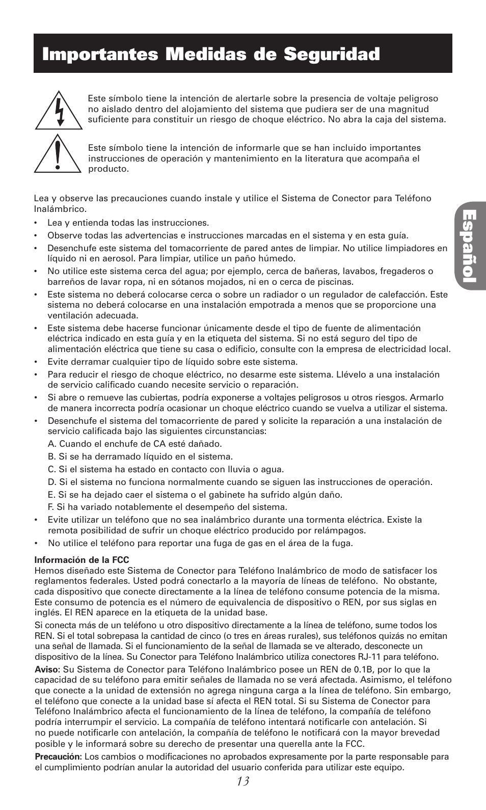 Español, Importantes medidas de seguridad, Caution | RCA RC940 User Manual | Page 13 / 24