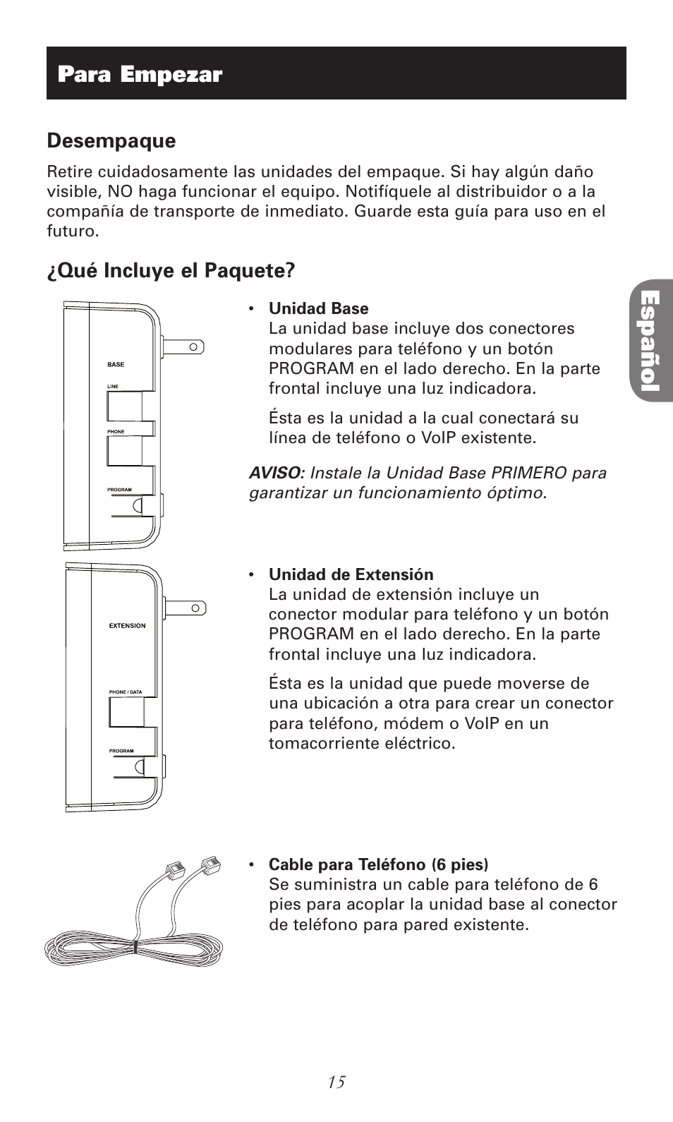 Español, Para empezar, Desempaque | Qué incluye el paquete | RCA RC940 User Manual | Page 15 / 24