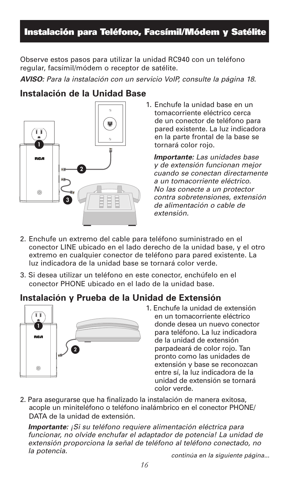 Instalación y prueba de la unidad de extensión | RCA RC940 User Manual | Page 16 / 24