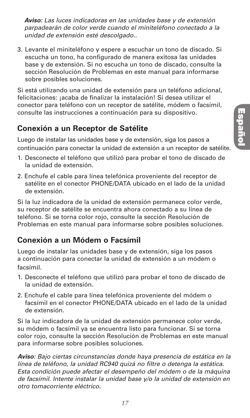 Español, Conexión a un receptor de satélite, Conexión a un módem o facsímil | RCA RC940 User Manual | Page 17 / 24