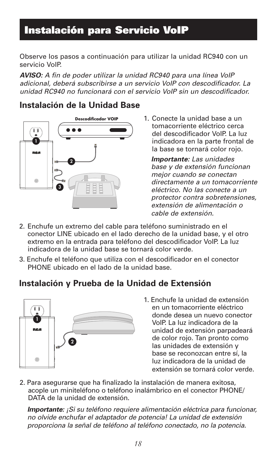 Instalación para servicio voip, Instalación de la unidad base, Instalación y prueba de la unidad de extensión | RCA RC940 User Manual | Page 18 / 24