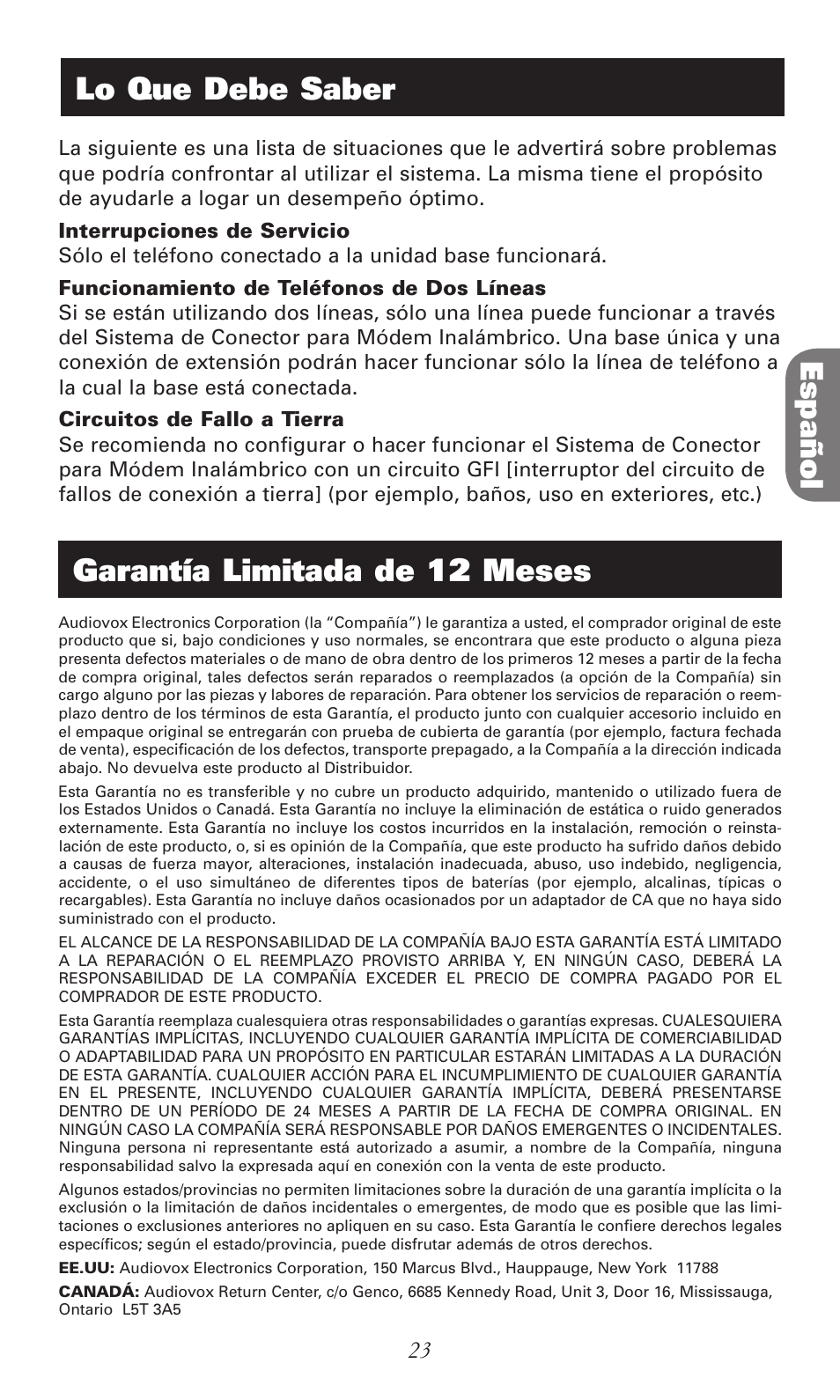 Español lo que debe saber, Garantía limitada de 12 meses | RCA RC940 User Manual | Page 23 / 24