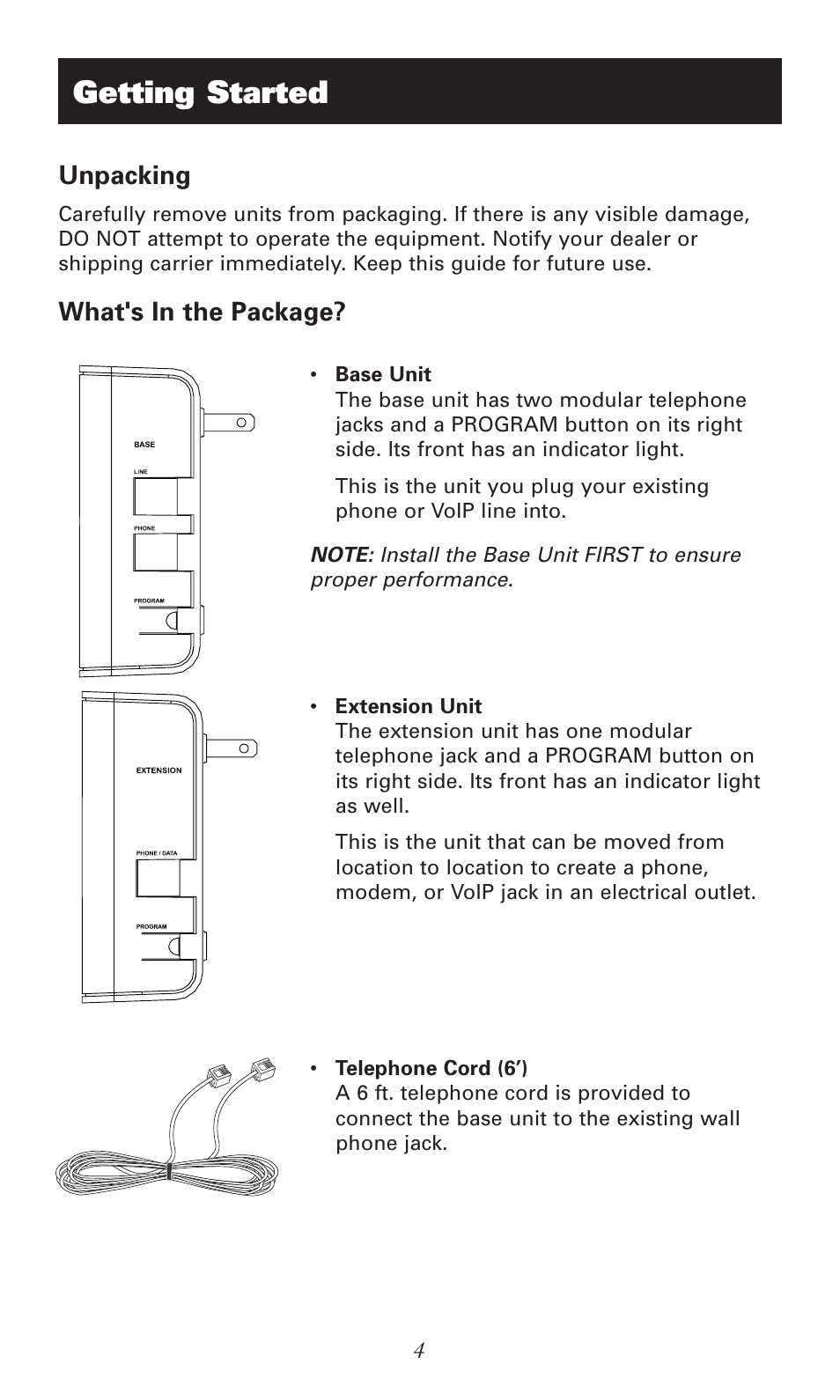 Getting started, Unpacking, What's in the package | RCA RC940 User Manual | Page 4 / 24