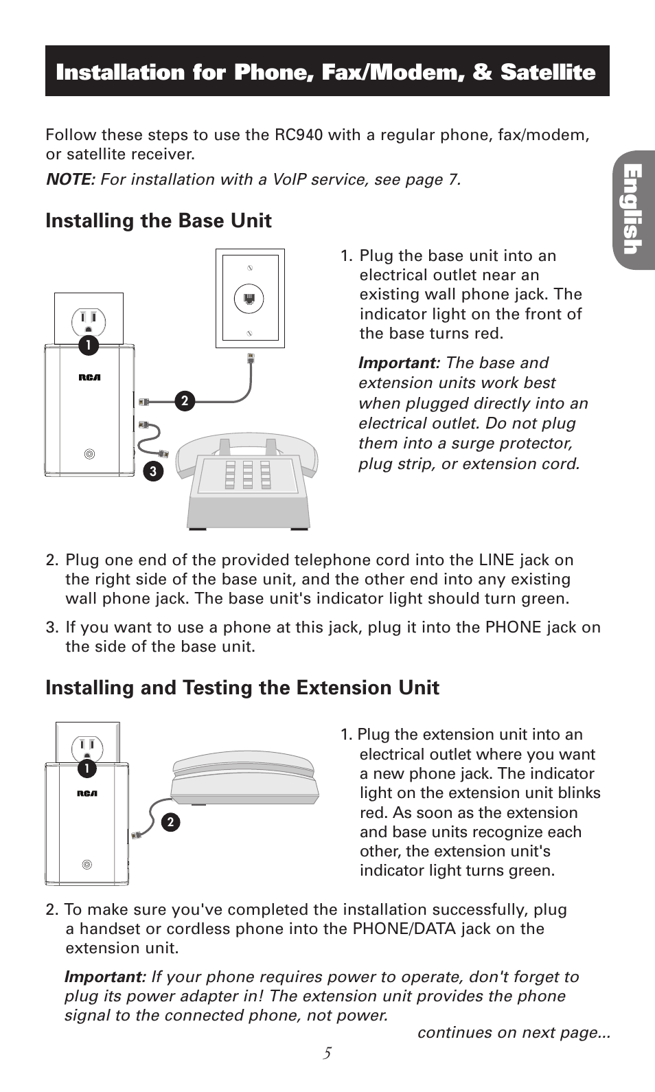 English, Installation for phone, fax/modem, & satellite, Installing the base unit | Installing and testing the extension unit | RCA RC940 User Manual | Page 5 / 24