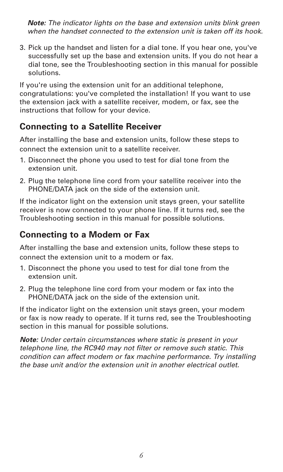 Connecting to a satellite receiver, Connecting to a modem or fax | RCA RC940 User Manual | Page 6 / 24