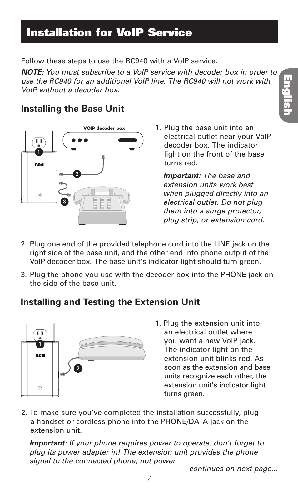 English, Installation for voip service, Installing the base unit | Installing and testing the extension unit | RCA RC940 User Manual | Page 7 / 24