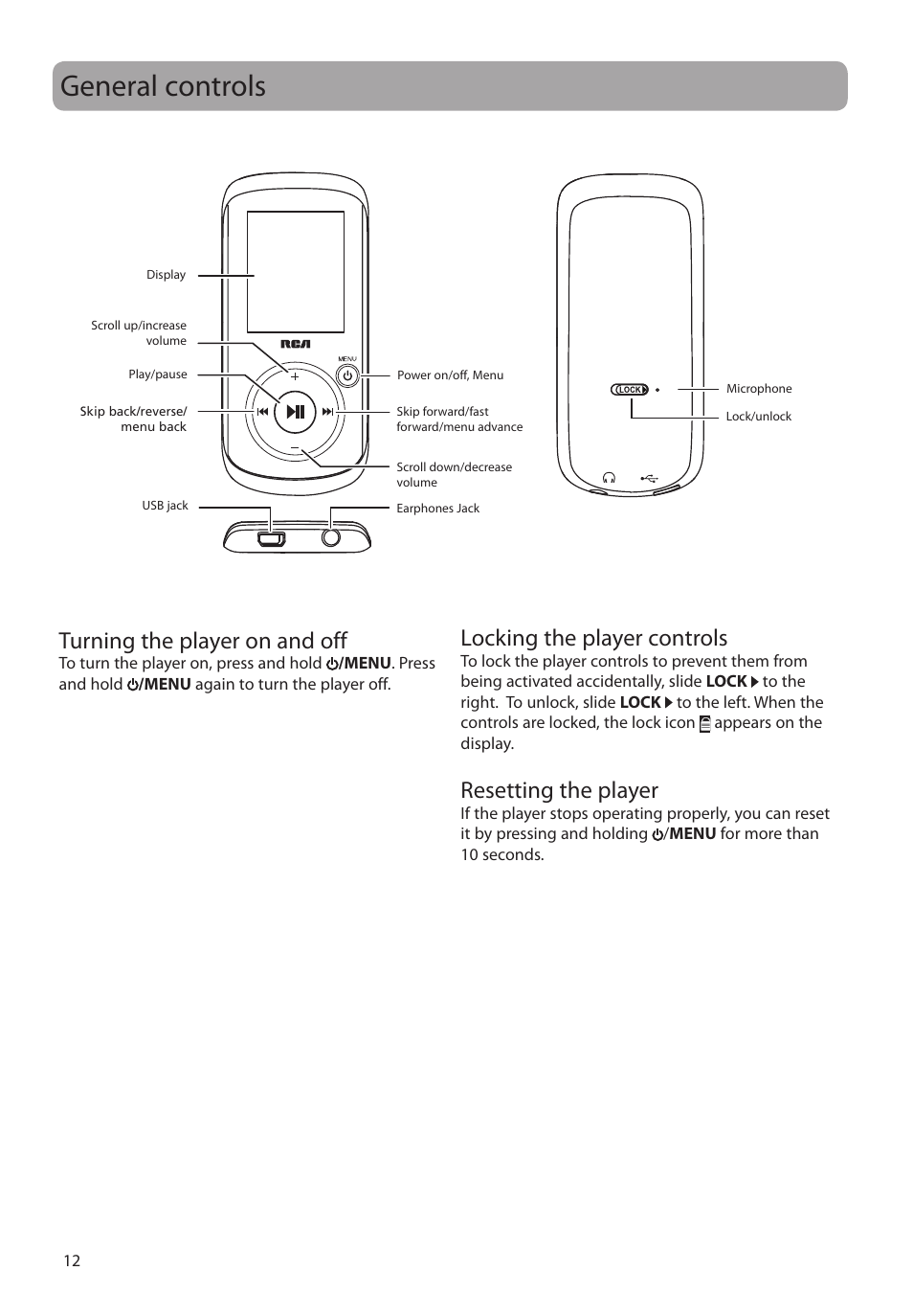 General controls, Turning the player on and off, Locking the player controls | Resetting the player | RCA M4208RD User Manual | Page 12 / 88