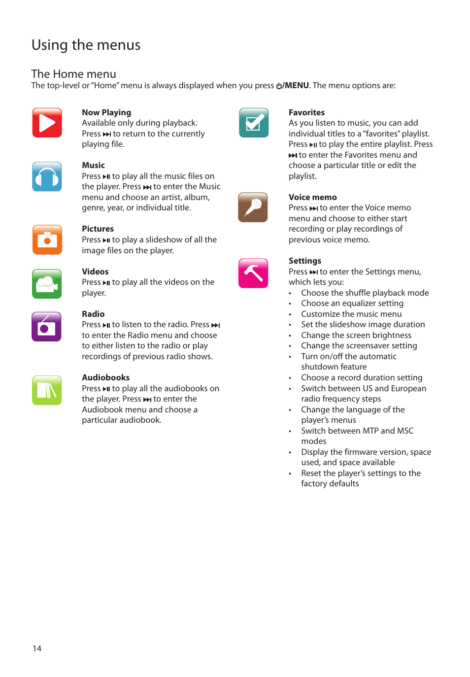 The home menu, Using the menus | RCA M4208RD User Manual | Page 14 / 88