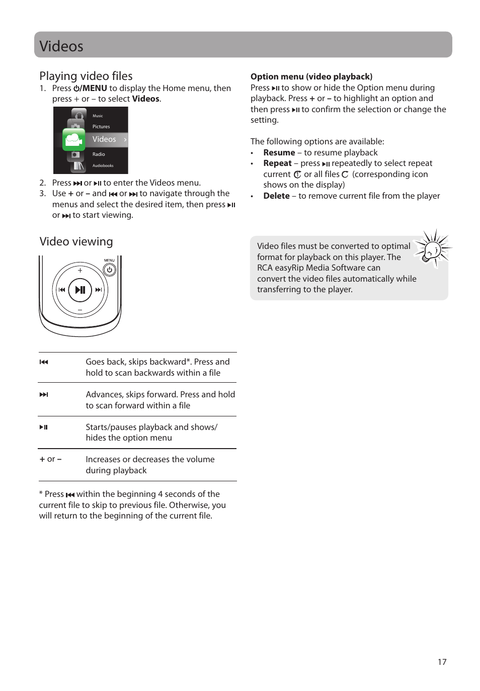Videos, Playing video files, Video viewing | RCA M4208RD User Manual | Page 17 / 88
