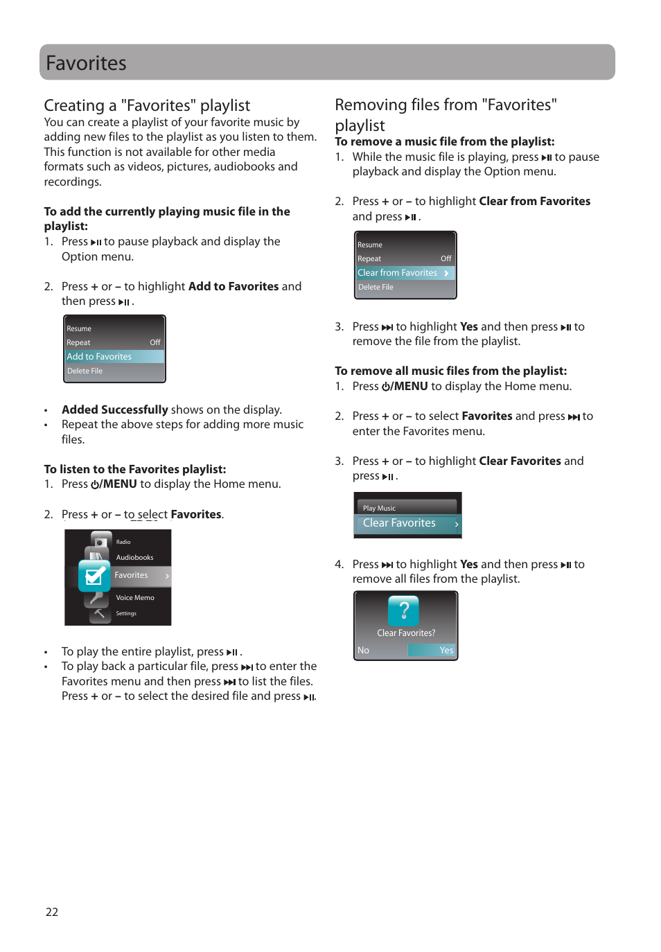 Favorites, Creating a "favorites" playlist, Removing files from "favorites" playlist | RCA M4208RD User Manual | Page 22 / 88