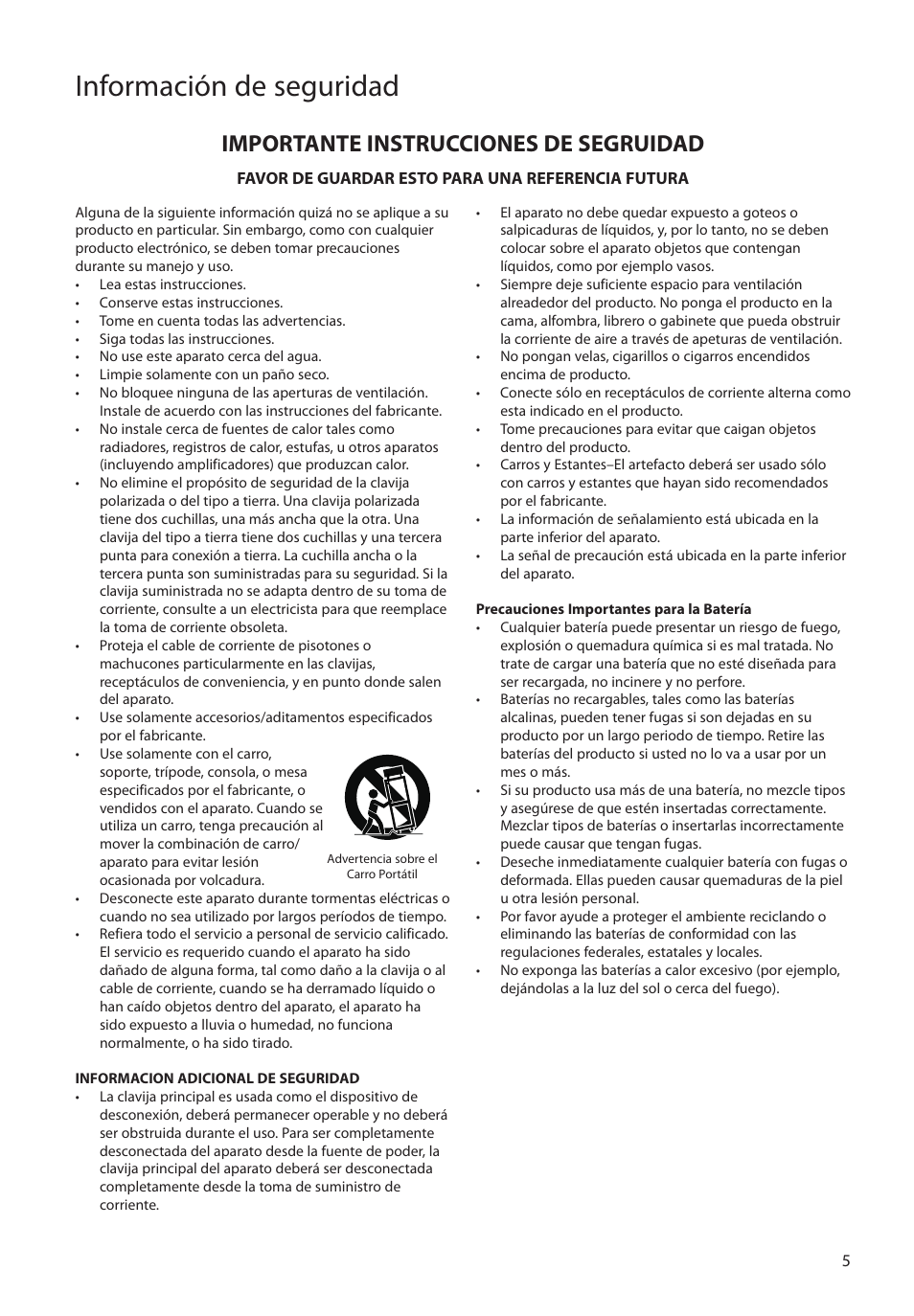 Importante instrucciones de segruidad, Información de seguridad | RCA M4208RD User Manual | Page 34 / 88