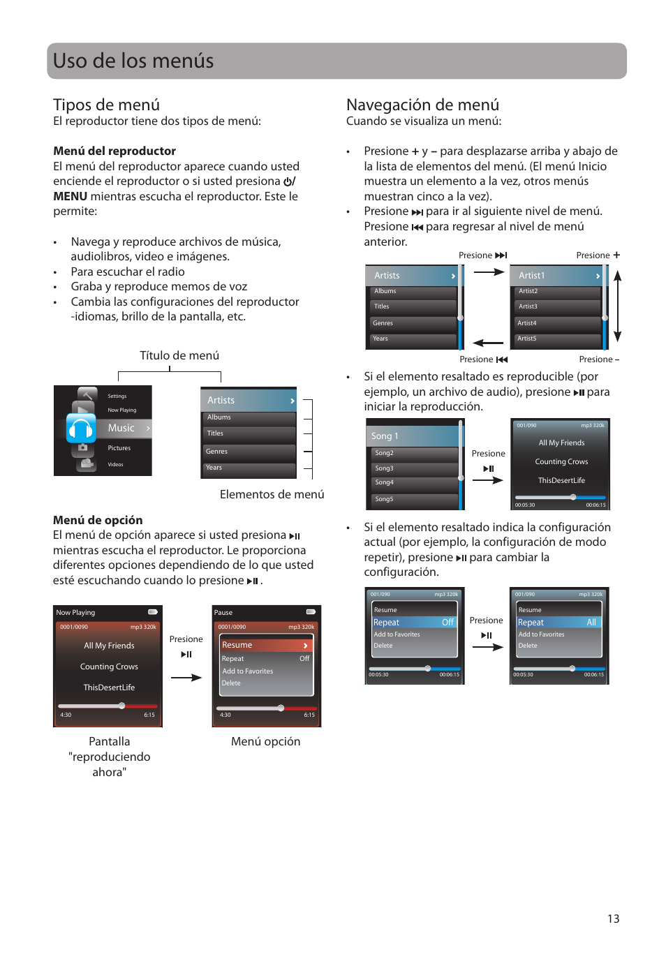 Uso de los menús, Tipos de menú, Navegación de menú | Título de menú elementos de menú, Pantalla "reproduciendo ahora" menú opción | RCA M4208RD User Manual | Page 42 / 88