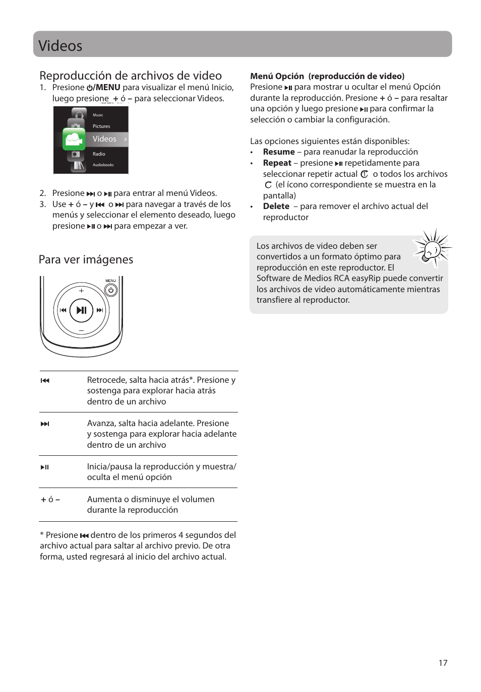 Videos, Reproducción de archivos de video, Para ver imágenes | RCA M4208RD User Manual | Page 46 / 88