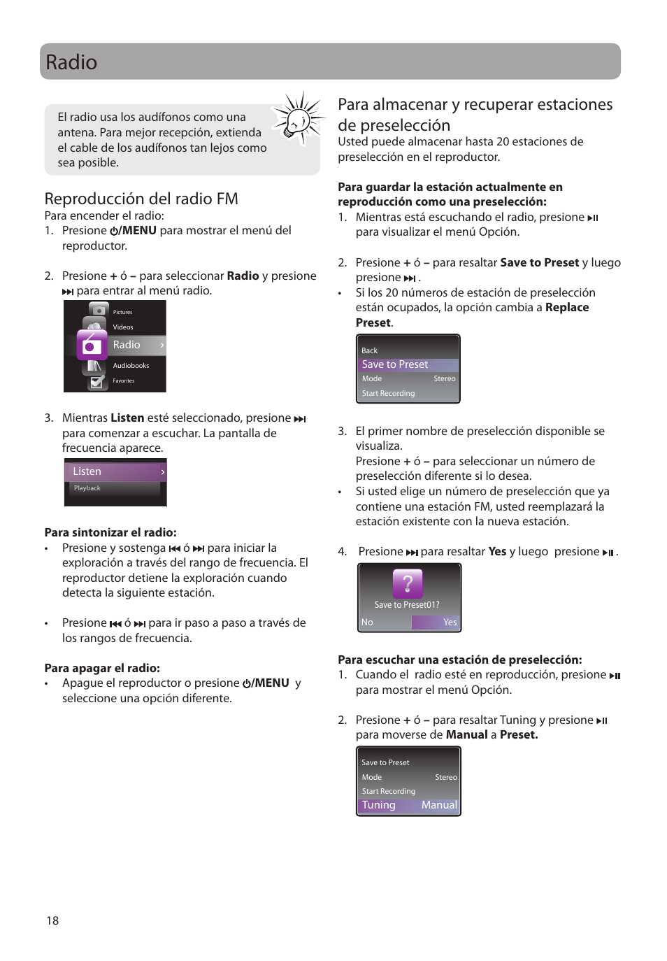 Radio, Reproducción del radio fm | RCA M4208RD User Manual | Page 47 / 88