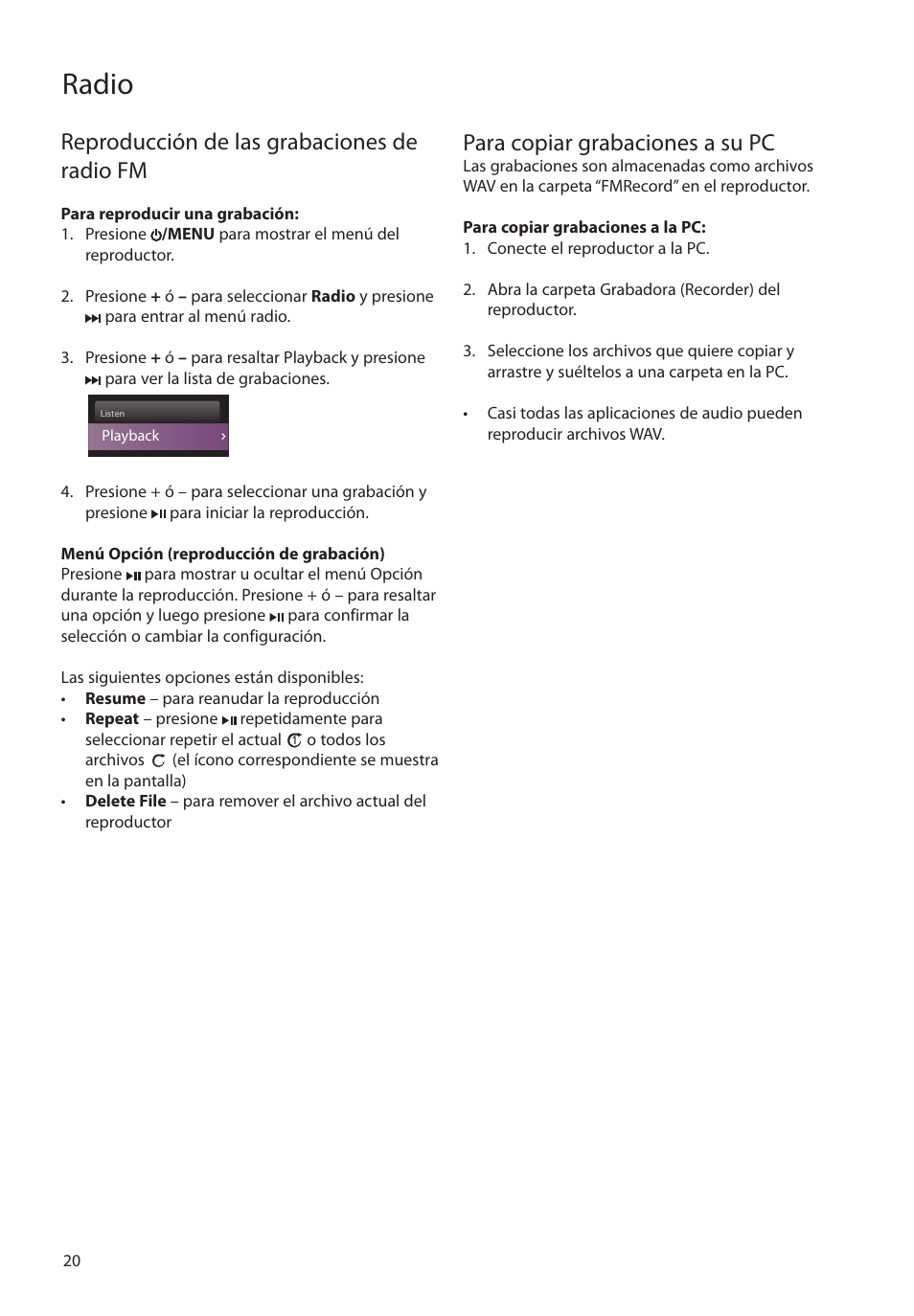Reproducción de las grabaciones de radio fm, Para copiar grabaciones a su pc, Radio | RCA M4208RD User Manual | Page 49 / 88