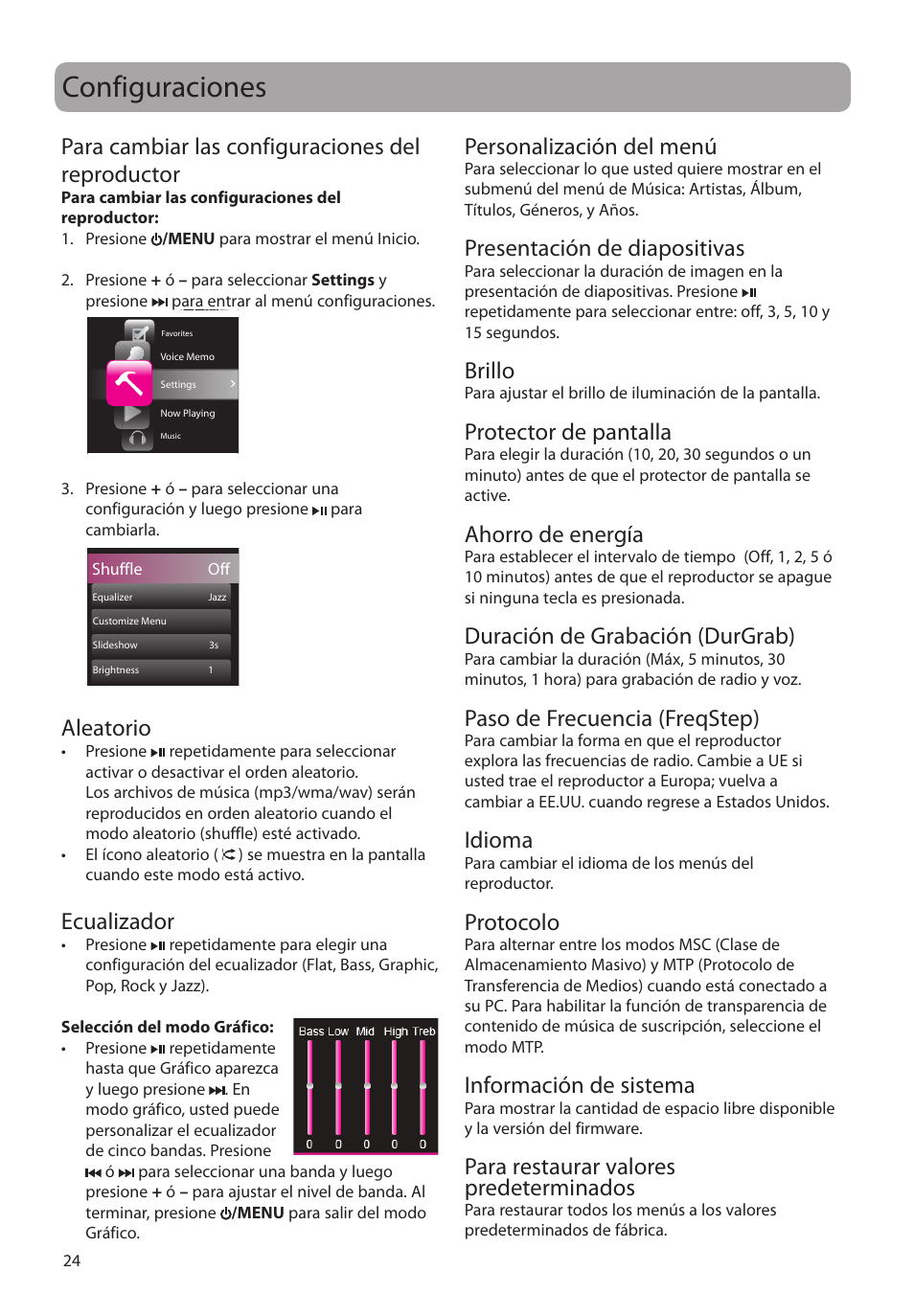 Configuraciones, Para cambiar las configuraciones del reproductor, Aleatorio | Ecualizador, Personalización del menú, Presentación de diapositivas, Brillo, Protector de pantalla, Ahorro de energía, Duración de grabación (durgrab) | RCA M4208RD User Manual | Page 53 / 88