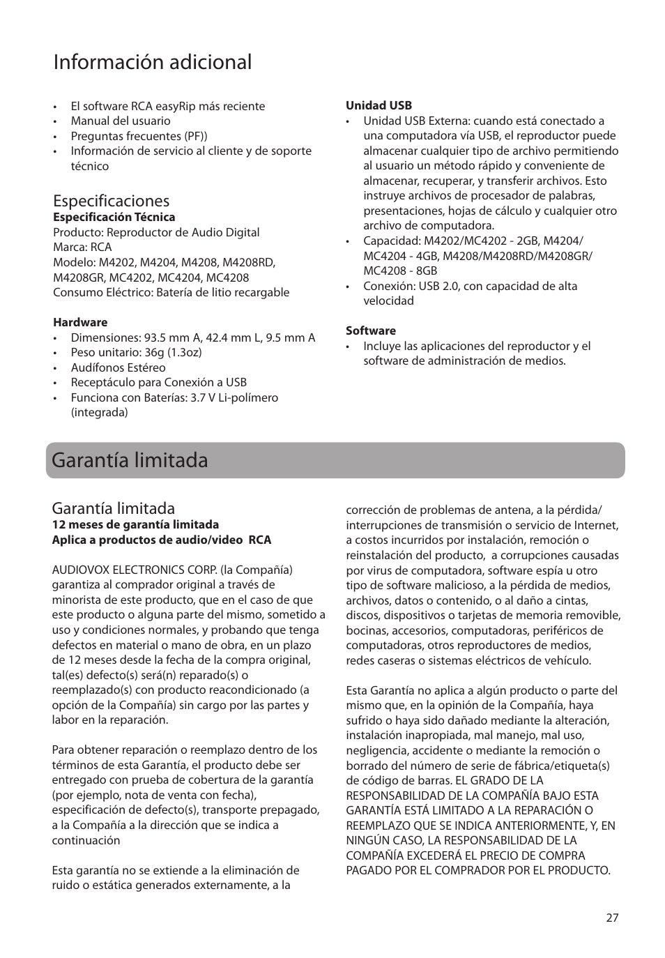 Especificaciones, Garantía limitada, Información adicional | RCA M4208RD User Manual | Page 56 / 88