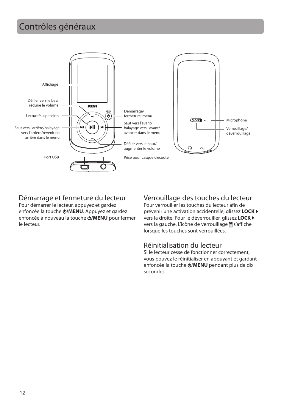 Contrôles généraux, Démarrage et fermeture du lecteur, Verrouillage des touches du lecteur | Réinitialisation du lecteur | RCA M4208RD User Manual | Page 70 / 88