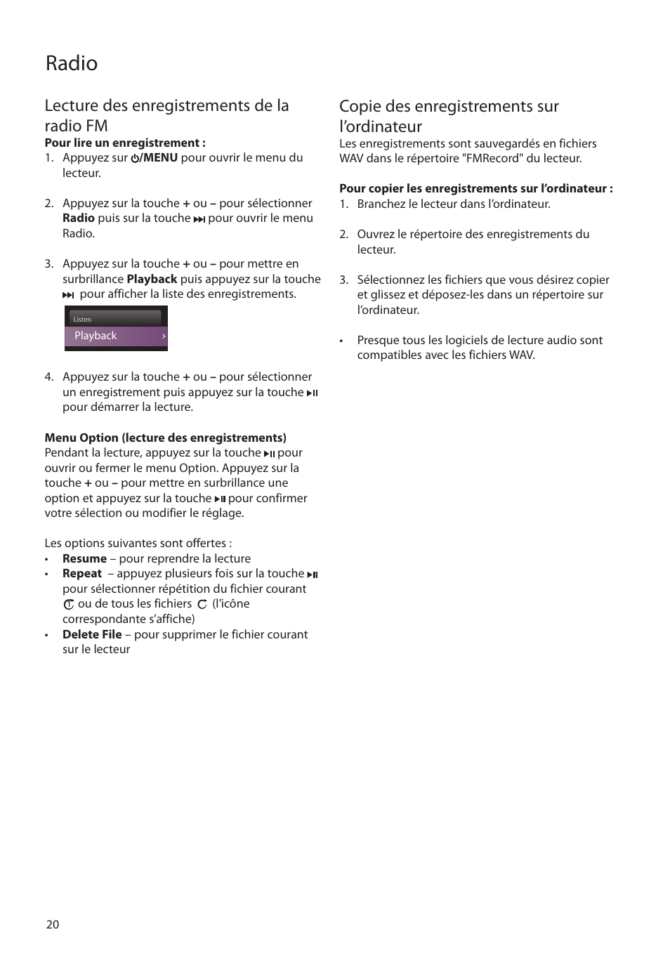 Lecture des enregistrements de la radio fm, Copie des enregistrements sur l’ordinateur, Radio | RCA M4208RD User Manual | Page 78 / 88