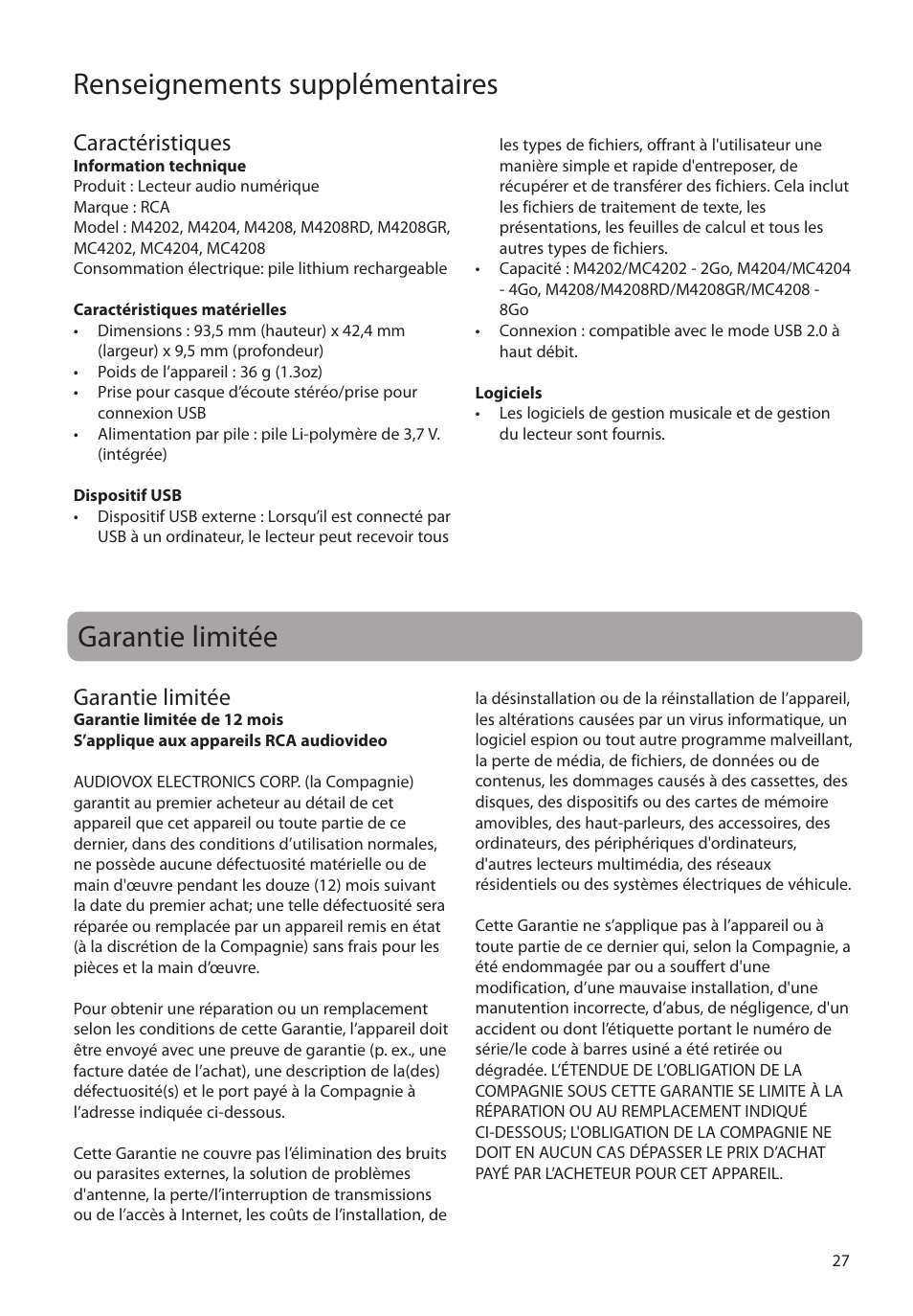 Caractéristiques, Garantie limitée, Renseignements supplémentaires garantie limitée | RCA M4208RD User Manual | Page 85 / 88
