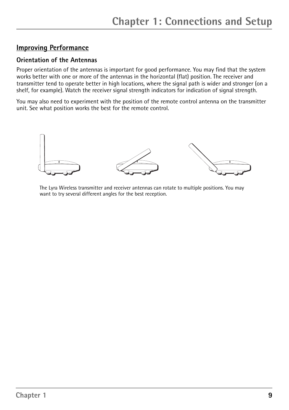 Improving performance, Orientation of the antennas, Fine tuning the lyra wireless | If there is no signal at all, Chapter 1: connections and setup | RCA RD900W User Manual | Page 11 / 40