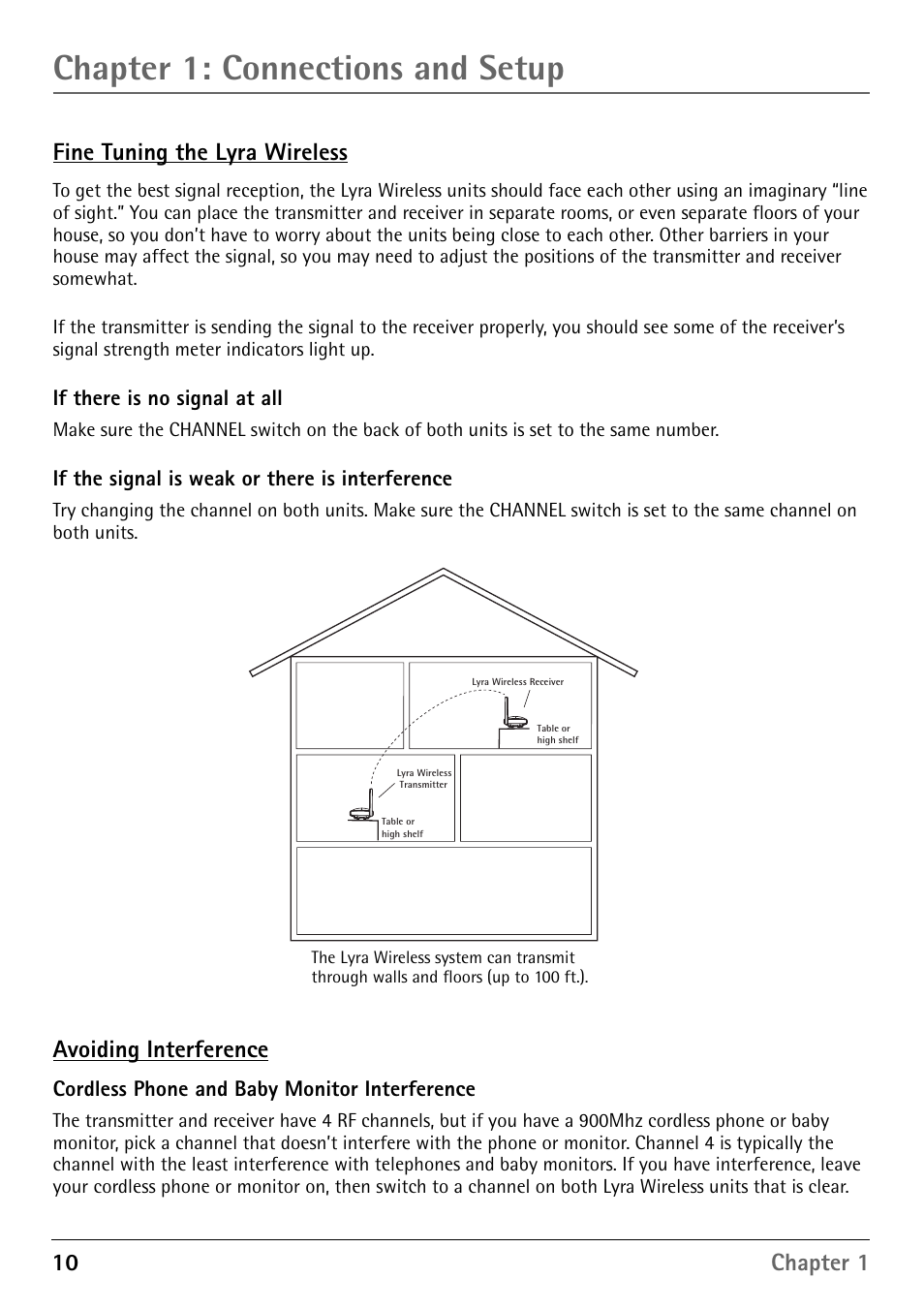 If the signal is weak or there is interference, Avoiding interference, Cordless phone and baby monitor interference | Chapter 1: connections and setup, 10 chapter 1 fine tuning the lyra wireless | RCA RD900W User Manual | Page 12 / 40