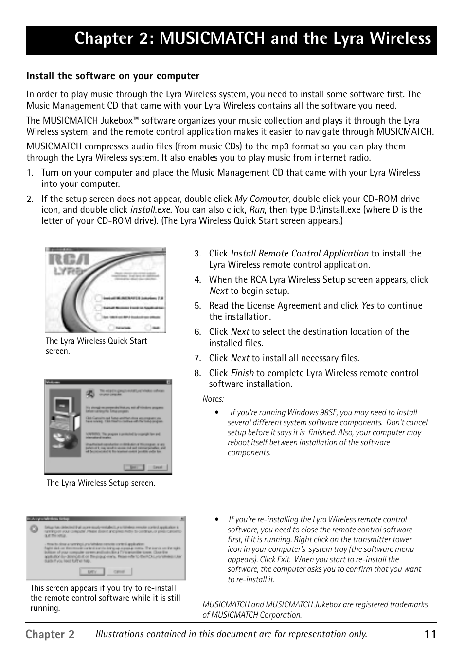 Chapter 2: musicmatch and the lyra wireless, Install the software on your computer, Chapter 2 11 | RCA RD900W User Manual | Page 13 / 40