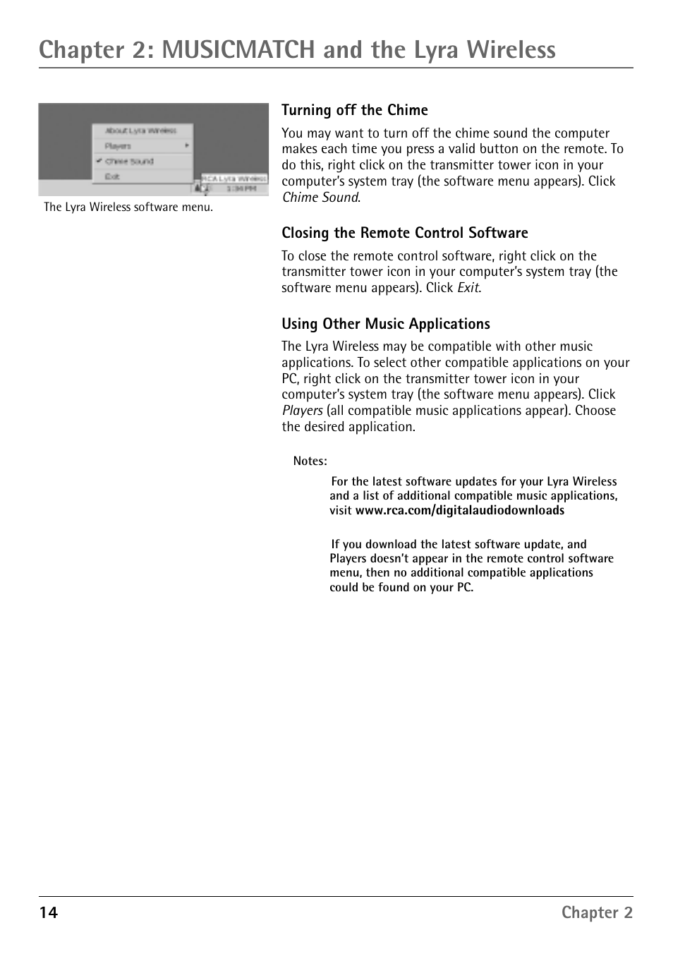 Launching the remote control software, Turning off the chime, Closing the remote control software | Audio setup, Settings in musicmatch, Chapter 2: musicmatch and the lyra wireless | RCA RD900W User Manual | Page 16 / 40