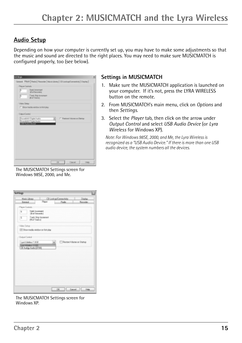 Audio setup, Settings in musicmatch, Chapter 2: musicmatch and the lyra wireless | RCA RD900W User Manual | Page 17 / 40