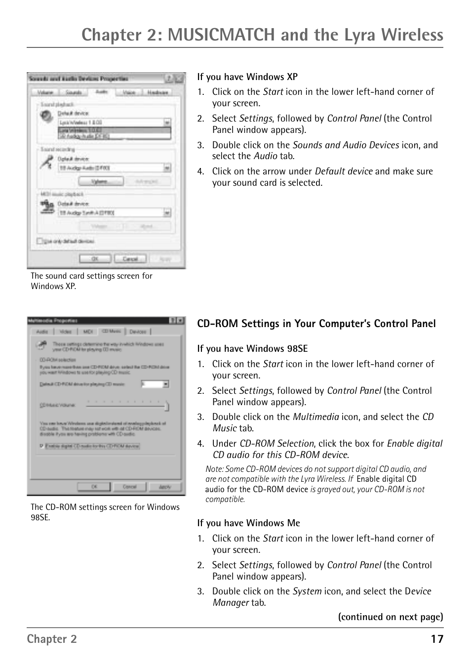 Cd-rom settings in your computer’s control panel, More on musicmatch, Chapter 2: musicmatch and the lyra wireless | RCA RD900W User Manual | Page 19 / 40