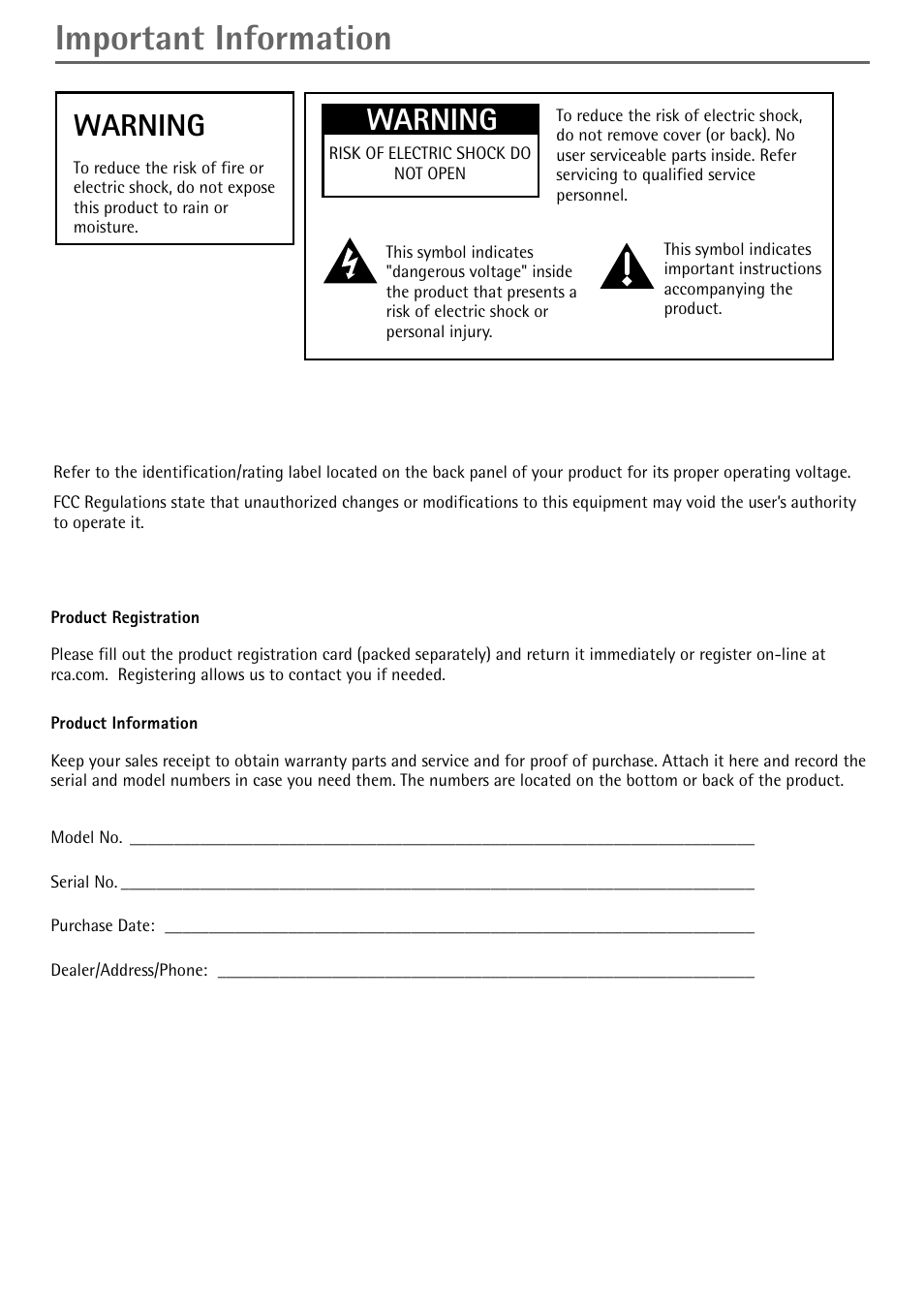 Important information, Warning | RCA RD900W User Manual | Page 2 / 40